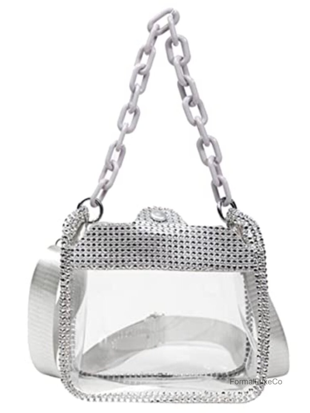 Clear PVC Evening Clutch Bag with Removable Chain Strap & Rhinestone Design